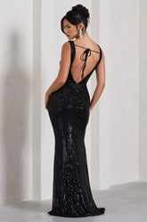 Black Sequin Open-Back Bodycon Maxi Dress